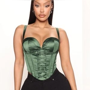 Corset Top Anthropologie Blythe Satin Bustier Hunter Green Sz L (M)